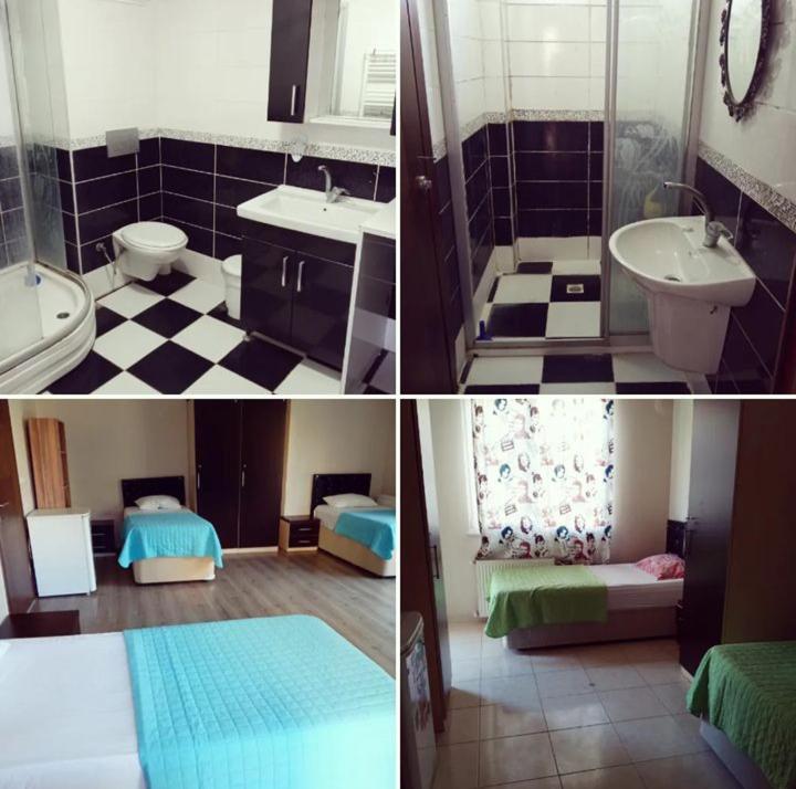 three pictures of a bathroom with a sink and a toilet at Elit Yurt&Aile Pansyonu in Samsun