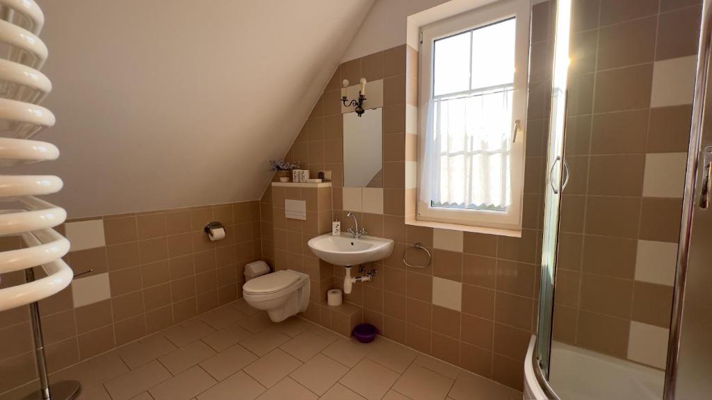a bathroom with a toilet and a sink and a shower at Dom w sercu Kaszub in Parchowo