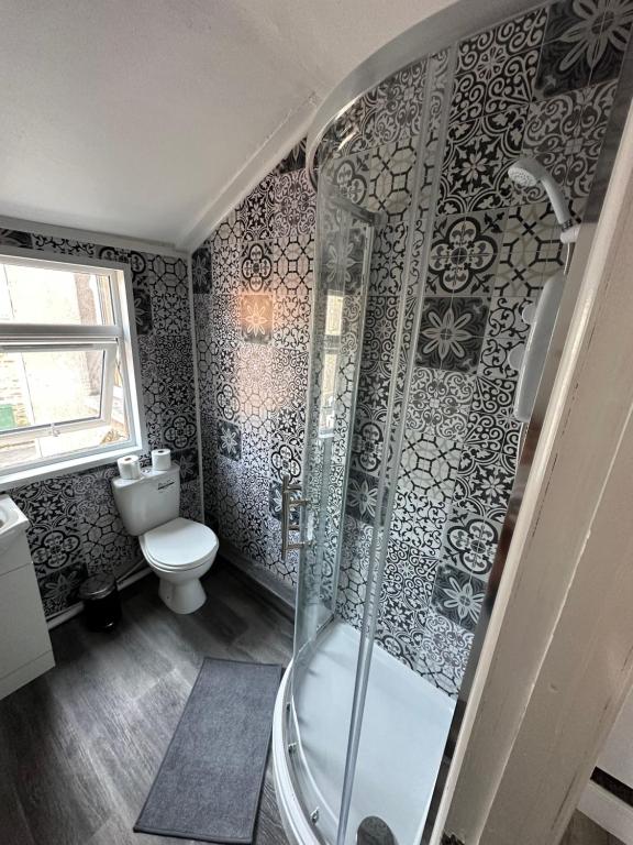 a bathroom with a shower and a toilet at DVM escape Flat 2 in Bristol