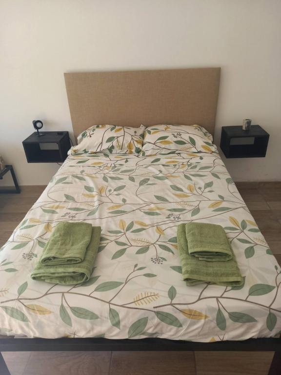 Una cama con dos almohadas verdes. en EnSueños Tandil, en Tandil