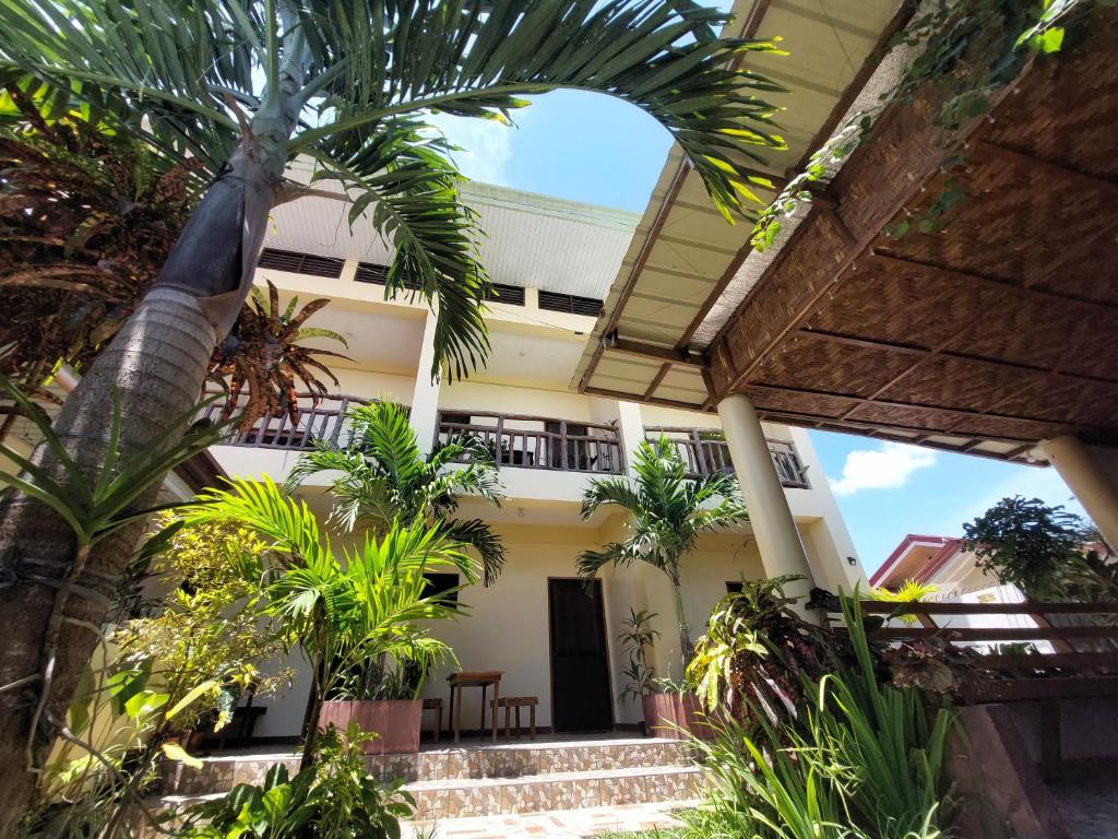 a view from the courtyard of a house with palm trees at TLShaw Homestay in General Luna