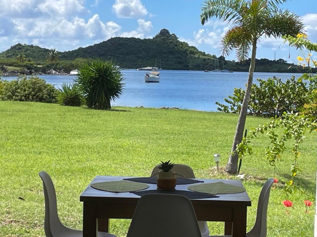a table and chairs in a field with a lake at Sunset Lodge SXM - T2, cosy, piscine, vue lagon & bons plans in Marigot