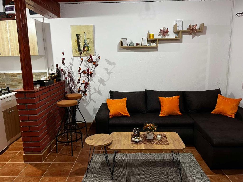 sala de estar con sofá negro y mesa en Studio Vikendica Bele Vode en Banja Koviljača