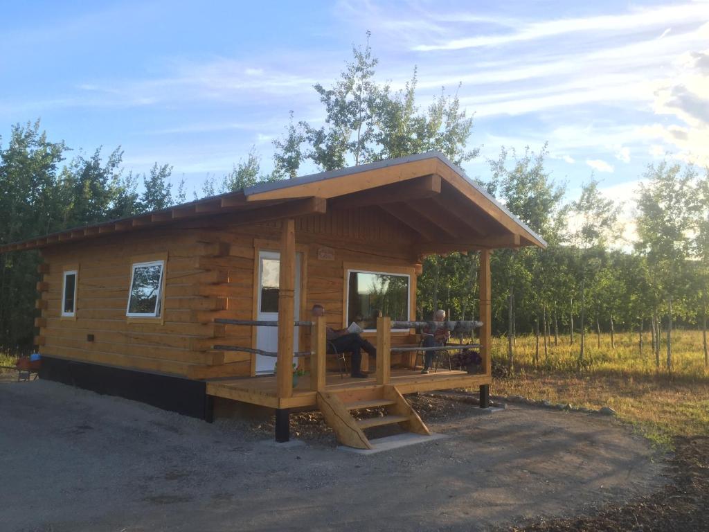 a small log cabin with a roof on a field at Oma's and Opa's Northern Lights Viewing Cabin in Whitehorse