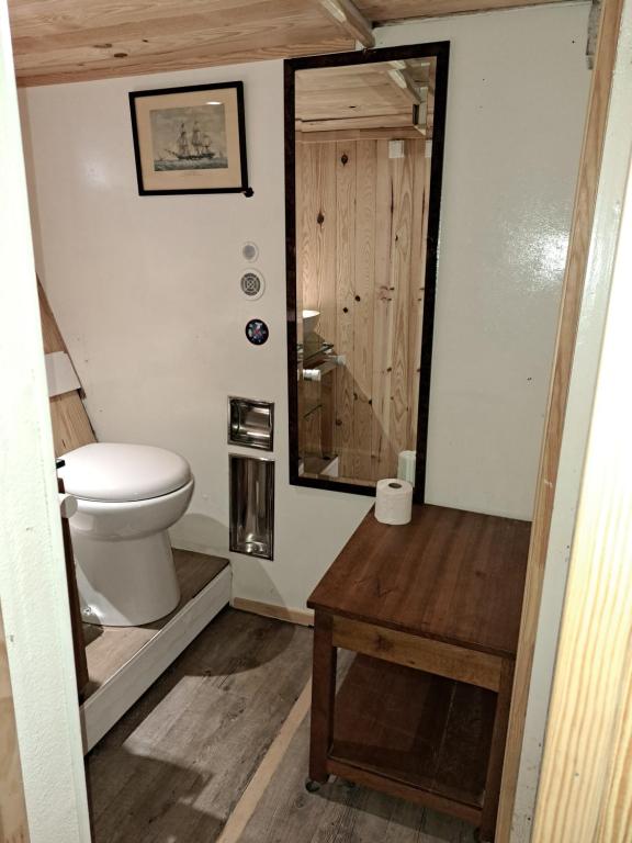 a bathroom with a toilet and a table and a mirror at Yacht, 23 mètres, à quai. in Sète