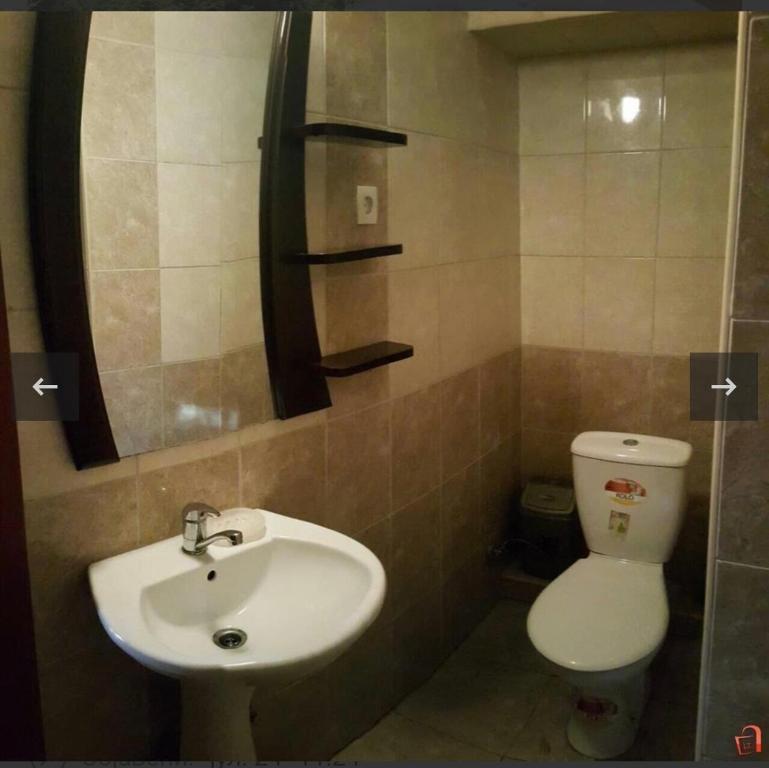 een badkamer met een wastafel, een toilet en een spiegel bij Lake apartments in Struga