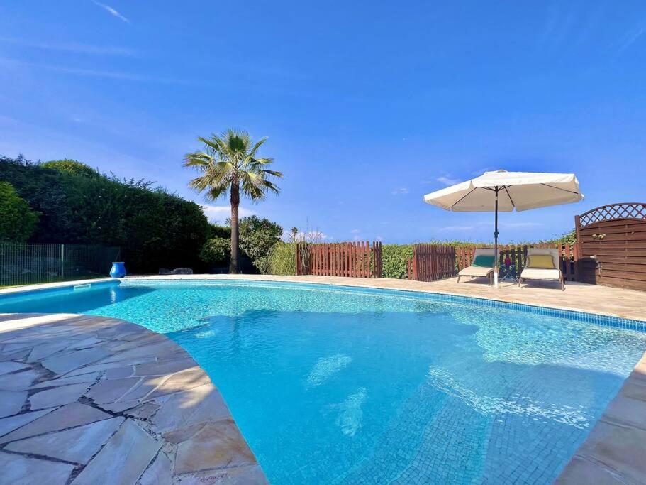 einen Pool mit einem Sonnenschirm und einer Palme in der Unterkunft Jolie maison familiale in Valbonne