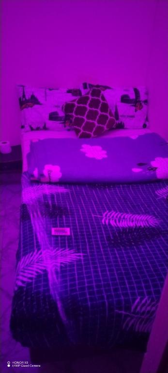 a bedroom with a bed with purple lights on it at Wummies place in Abu Dhabi
