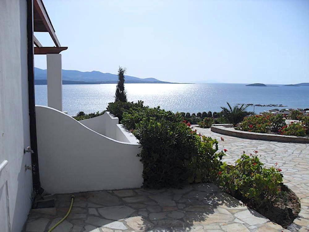 a white wall with plants and a view of the water at Rose's House in Grótta