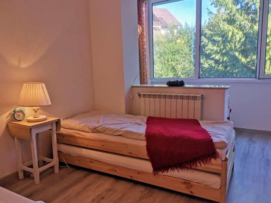a bedroom with a bed with a red blanket and a window at Cosy 2 rooms apartment with a view near the forest in Predeal