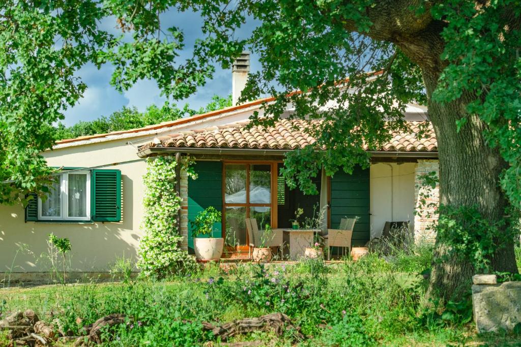 een groen en wit huis met een boom bij House Boris in Loborika