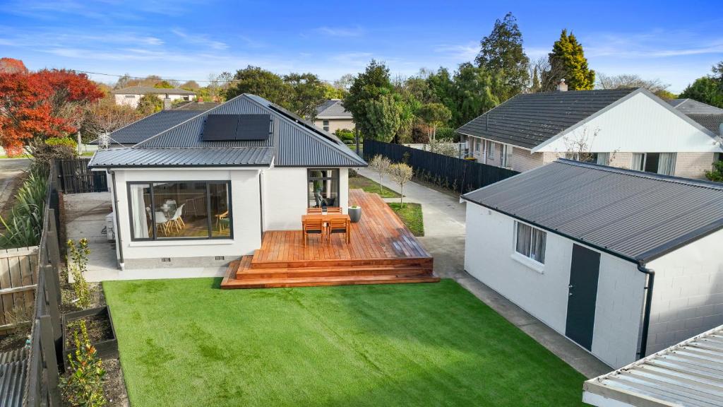 an aerial view of a house with a deck at Private, Quiet, 6 minutes to Airport, Family Friendly in Christchurch