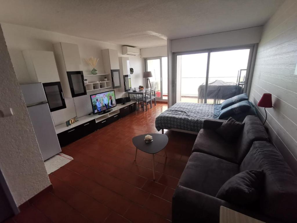 un salon avec un canapé et une télévision dans l'établissement Cosy 4 studio front de mer, à Canet