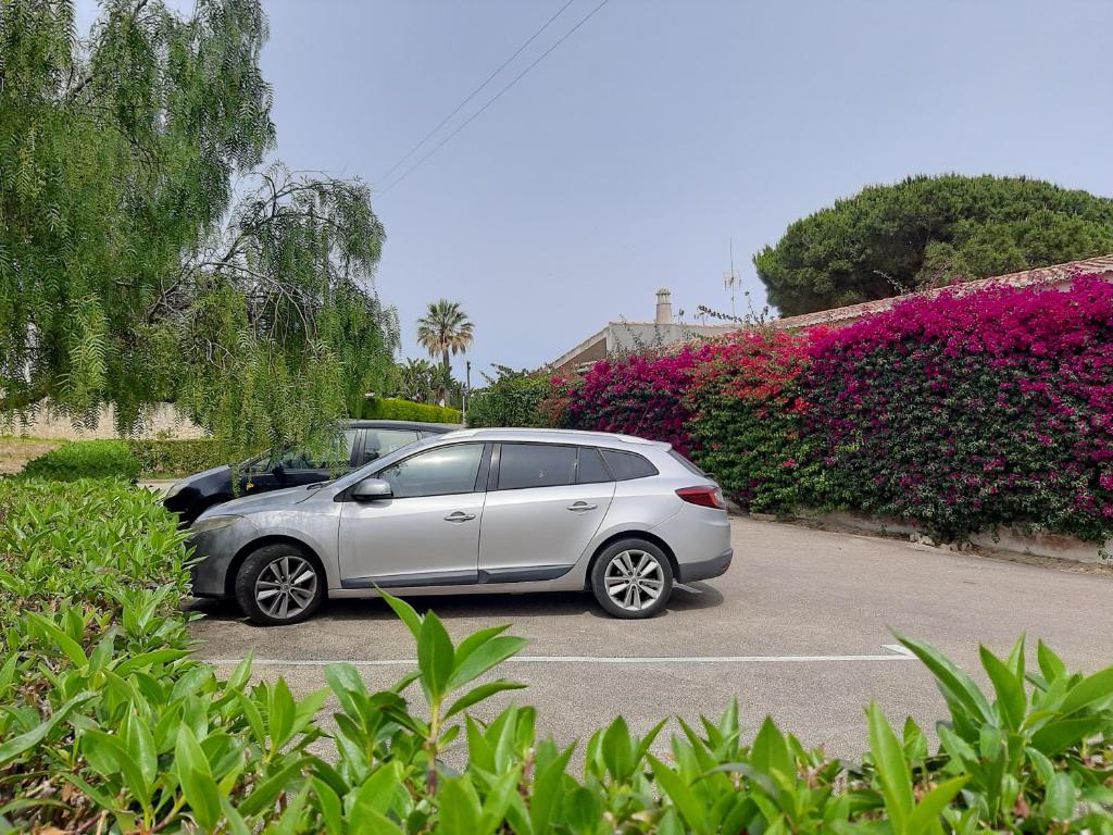 a silver car parked in a parking lot with flowers at Aurora Sol in Luz