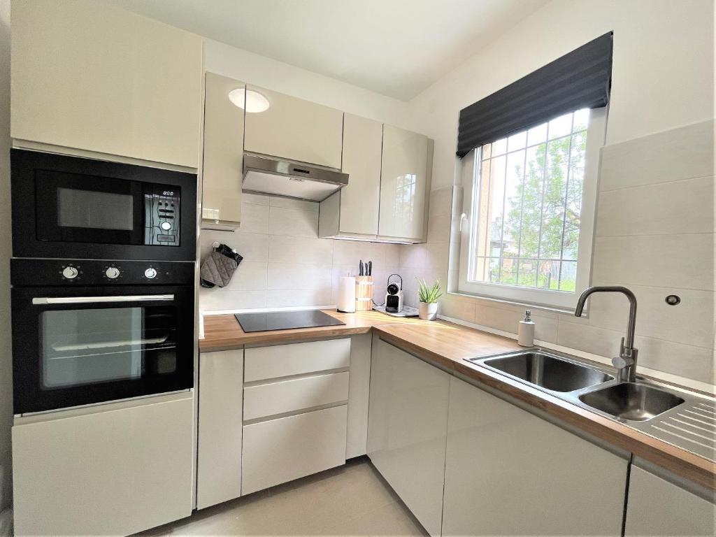 uma cozinha com um lavatório e um micro-ondas em Golden Apartman Balatonlelle em Balatonlelle