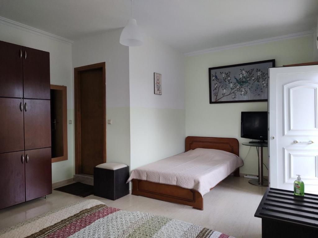 um quarto com uma cama e uma televisão em Eva Rooms em Preveza