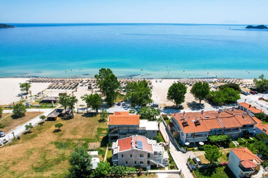 an aerial view of a beach and the ocean at Brothers Apartments in Skala Potamias