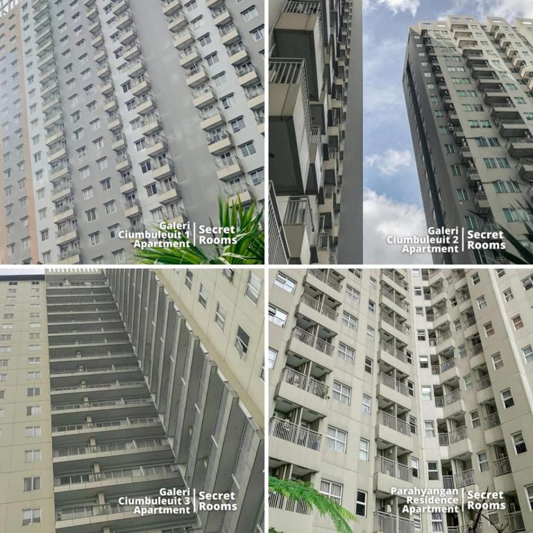a collage of four pictures of a building at Ciumbuleuit Apartment by Secret Rooms in Bandung