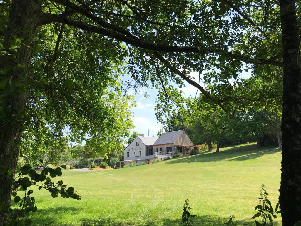 une grande maison sur un champ verdoyant avec des arbres dans l'établissement Gîtes du Moulin à Tan à Saché 37, à Saché