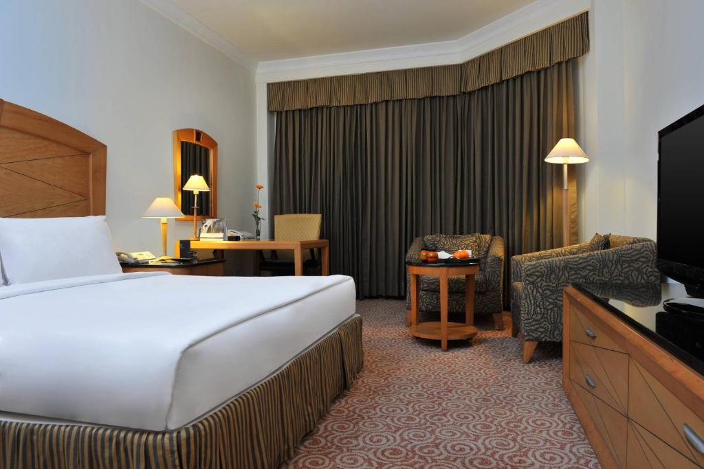 ein Hotelzimmer mit einem Bett, einem Stuhl und einem TV in der Unterkunft Le Royal Meridien Chennai in Chennai