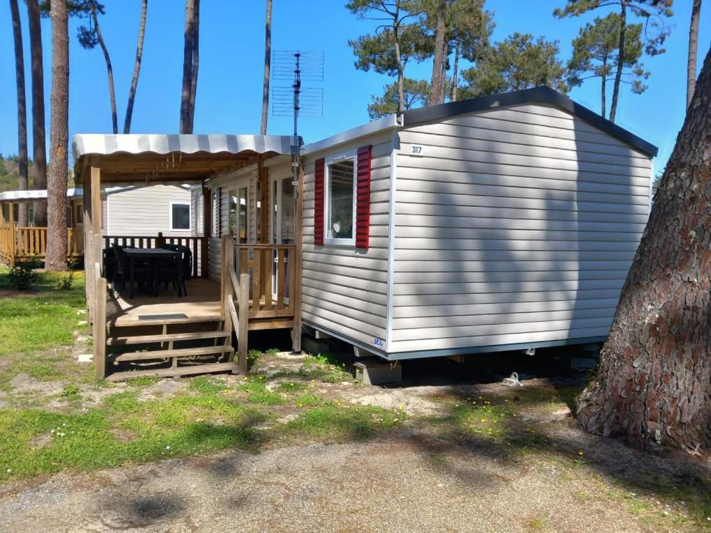 a tiny house with a porch and a tree at Mobil-home Les Dunes de Contis in Saint-Julien-en-Born