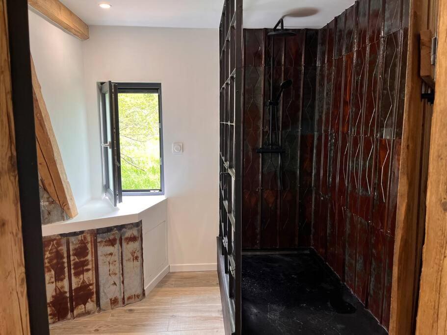 a bathroom with a shower in a room with a window at Le grenier a foin in Breitenbach-Haut-Rhin