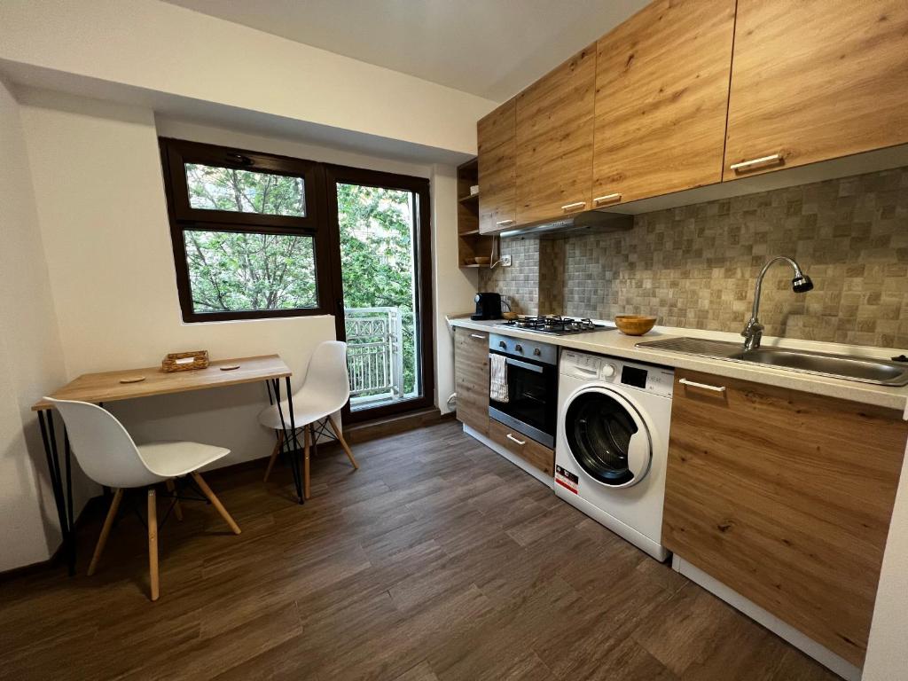 a kitchen with a washing machine and a table at Central studio in Bucharest