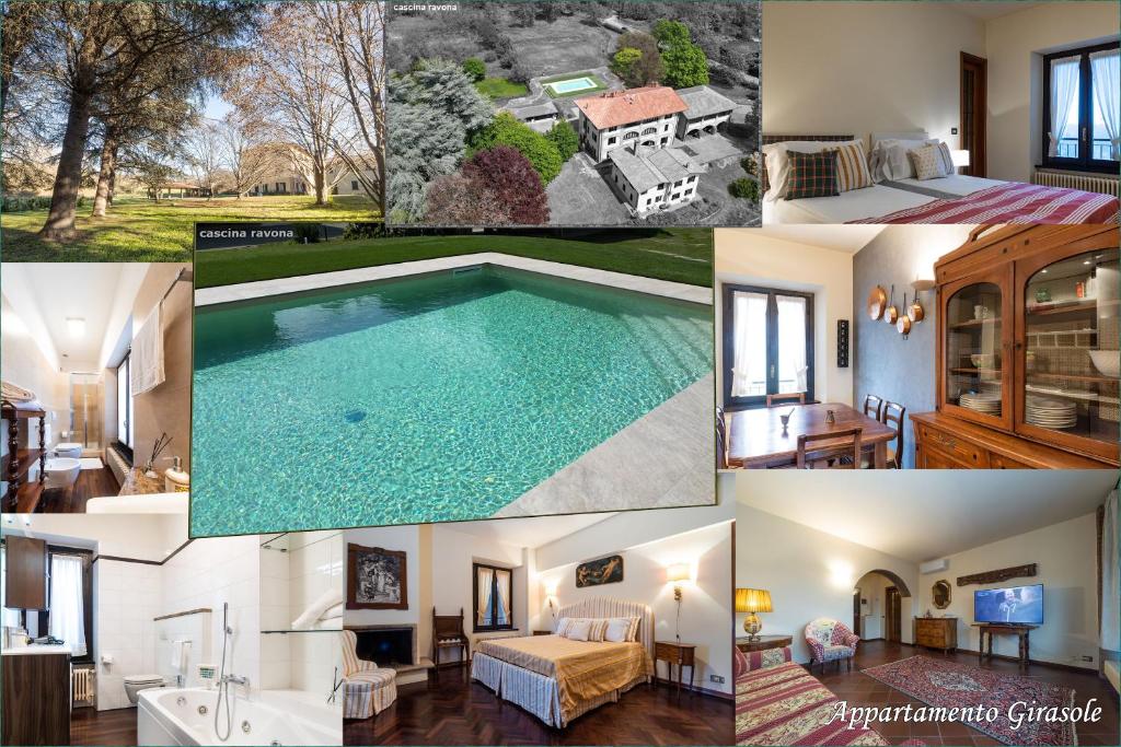 eine Collage mit Fotos eines Hauses mit Pool in der Unterkunft Cascina Ravona in San Fermo della Battaglia
