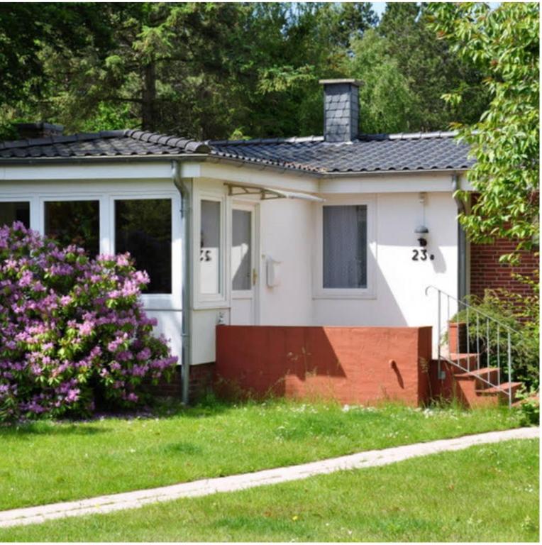 a small white house with a fence and flowers at Caron in Böhl