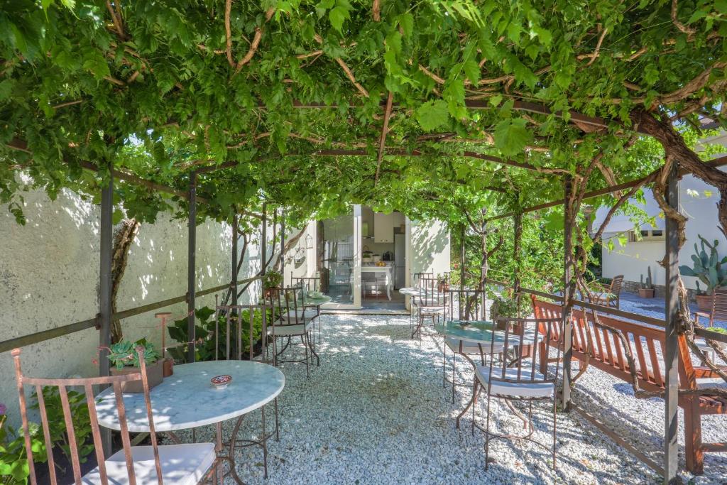 un patio con mesas y sillas bajo un árbol en I Levrieri b&b, en Torre del Lago Puccini
