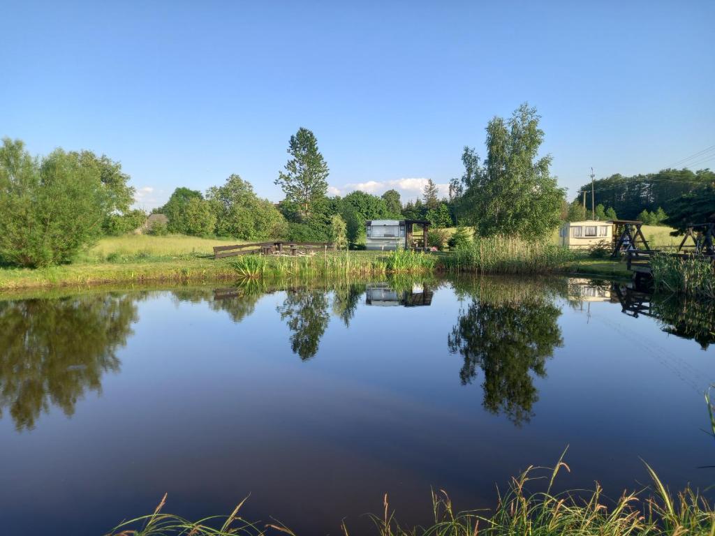 ムロンゴヴォにあるDomki i pokoje nad stawem koło Mrągowaの木々や家々が茂る湖の景色