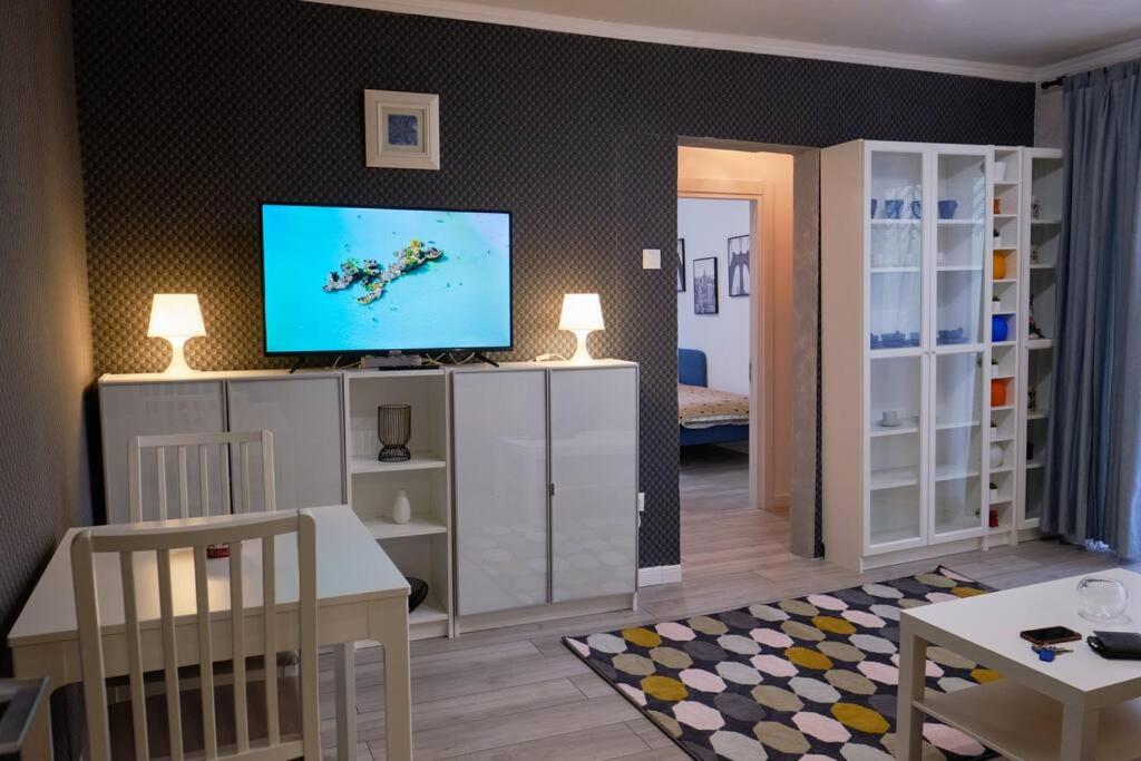 un salon avec une télévision au-dessus d'une armoire dans l'établissement Joy City Stay Versului 8, à Timişoara