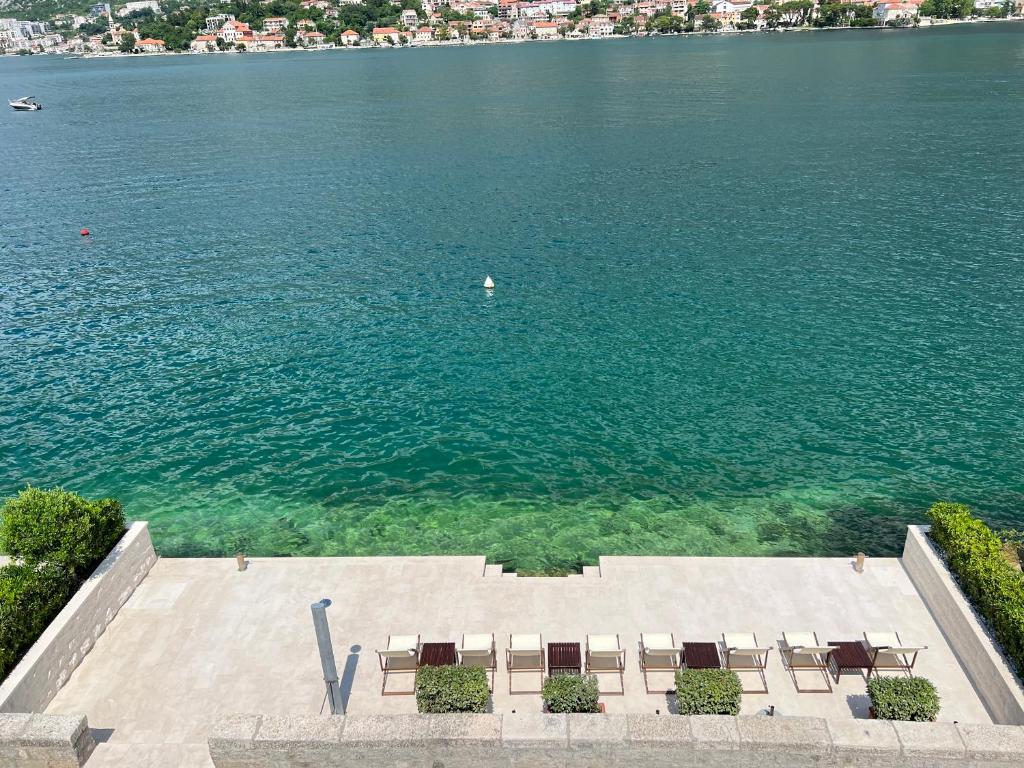 an aerial view of a large body of water at Apartments Rozer in Kotor