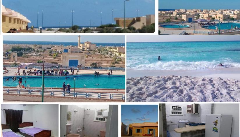 a collage of photos of people at the beach at للإيجار في مطروح شاليه مطروح مرسى مطروح قرية سياحية شاليه شايف البحر شاطئ الابيض #الأبيض وبه حمام سباحة للأطفال والكبار in Marsa Matruh