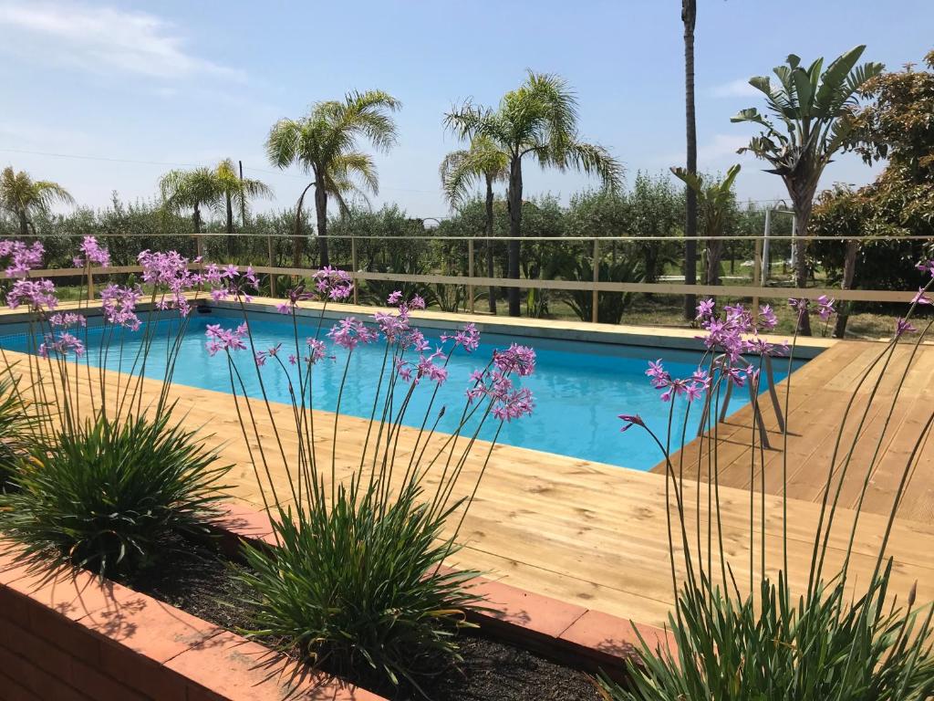una piscina con flores púrpuras en un patio en Villa Carolea, en Acireale