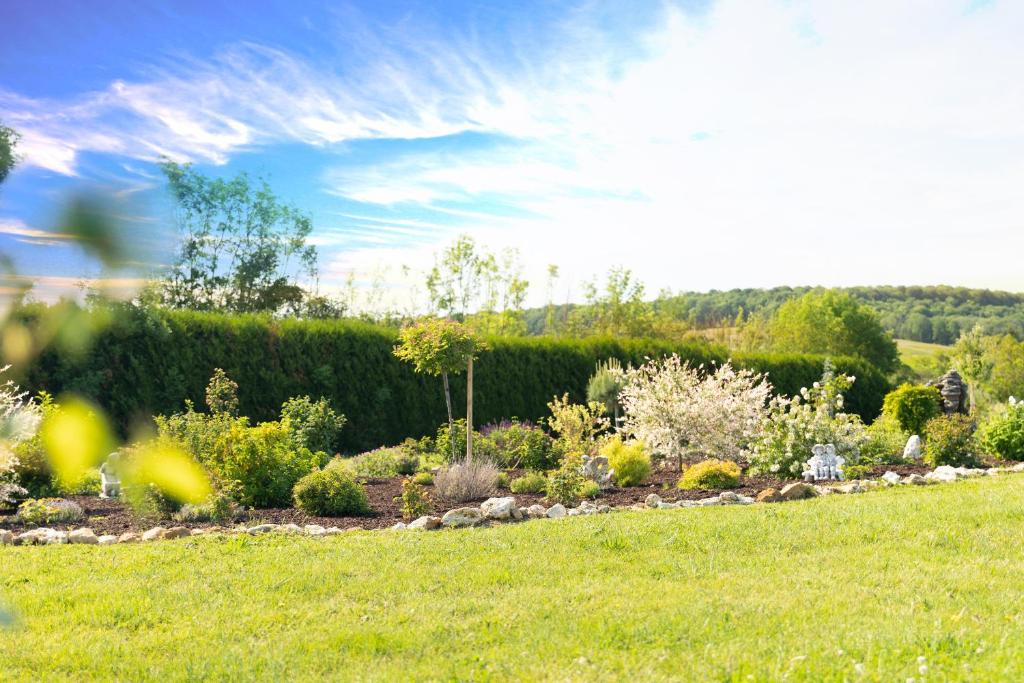 a garden with a field of grass and bushes at Chambre d'Hôte Les Ondines in Vinay