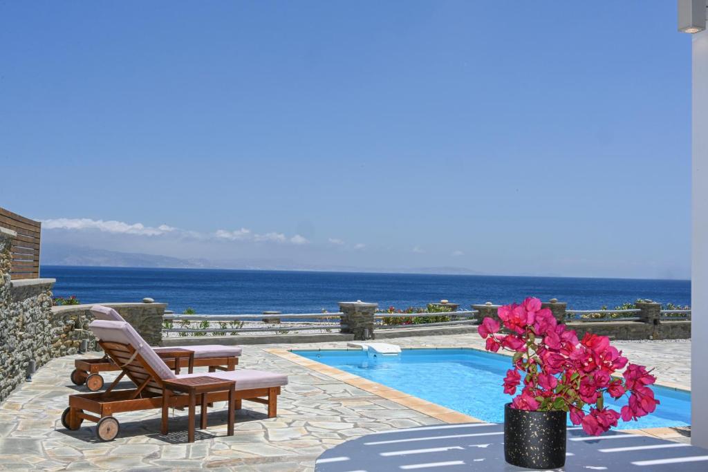 a pool with a chair and a vase of flowers at Santamare Villa in Tinos