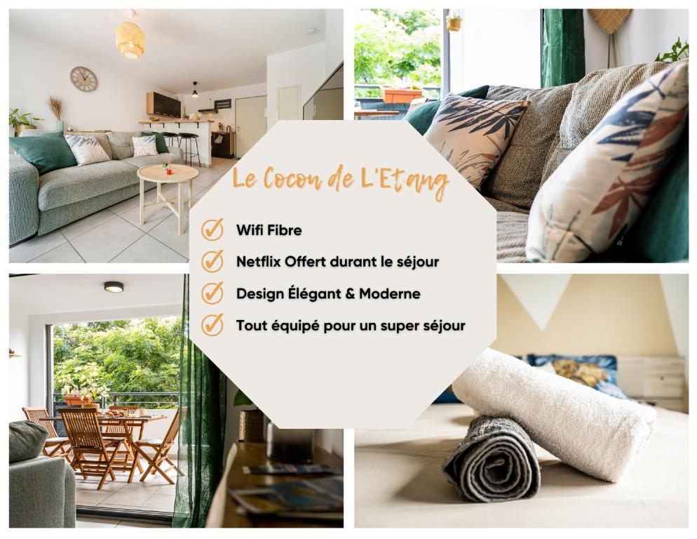 a collage of images of a living room with a couch at Le Cocon de l'Etang in Bout de lʼÉtang