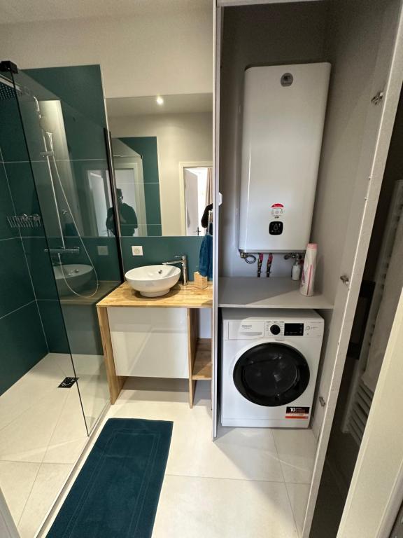 a bathroom with a washing machine and a sink at *Le Terracotta* T2 Hyper-Centre in Roanne