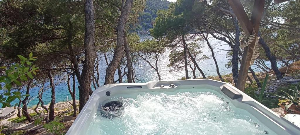 a jacuzzi tub in the woods next to the water at Apartment by the sea Žirje with private heated hydromassage pool in Žirje