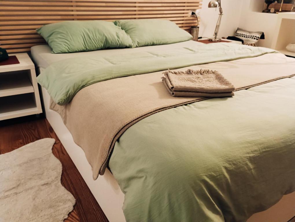 a bedroom with two beds with green sheets at Salt&Pepper in Ebene Reichenau