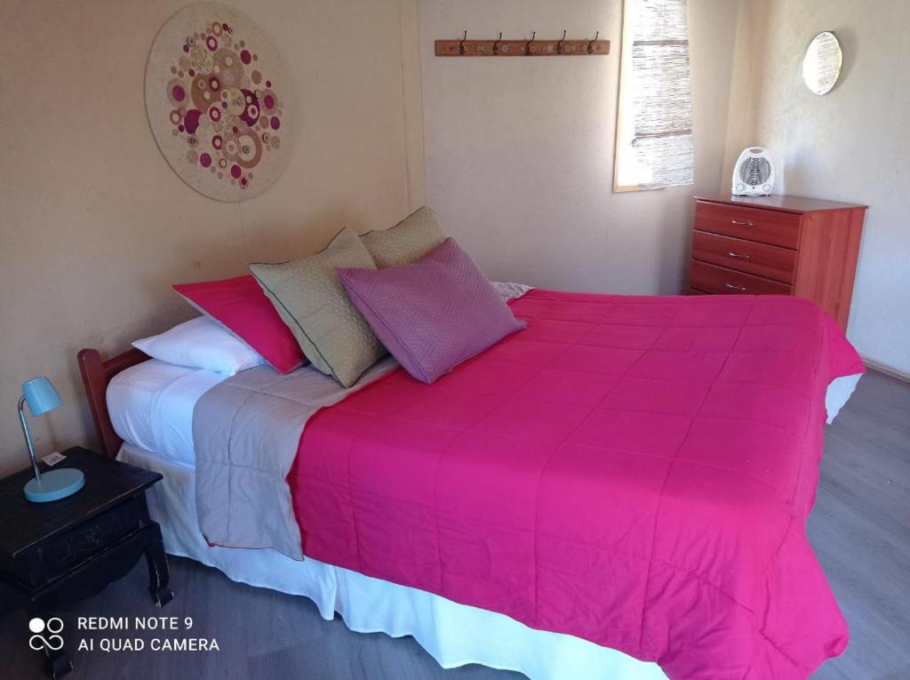 een slaapkamer met een groot bed en een roze deken bij Aldea Biocultural Ayelen in Piedra Lisa