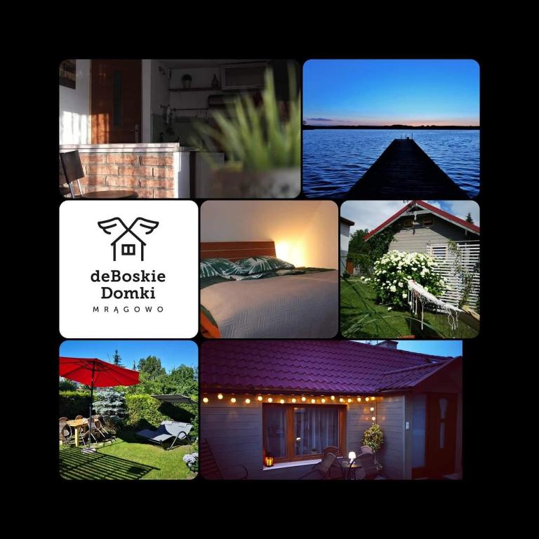 a collage of pictures of a house and a lake at DeBoskie Domki in Mrągowo