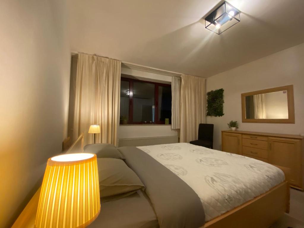 1 dormitorio con 1 cama con lámpara y ventana en t‘Predikheren, en Lier