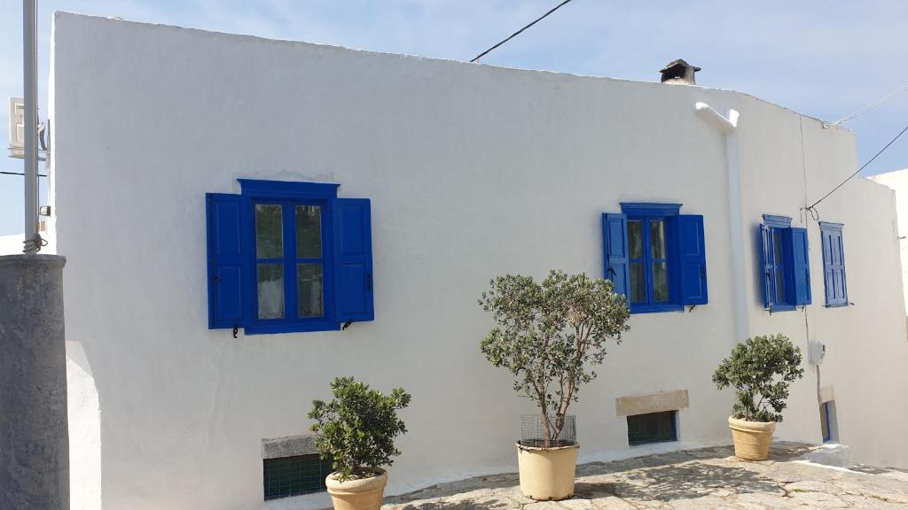 ein weißes Gebäude mit blauen Fenstern und Topfpflanzen in der Unterkunft StathisApart1 in Amorgós