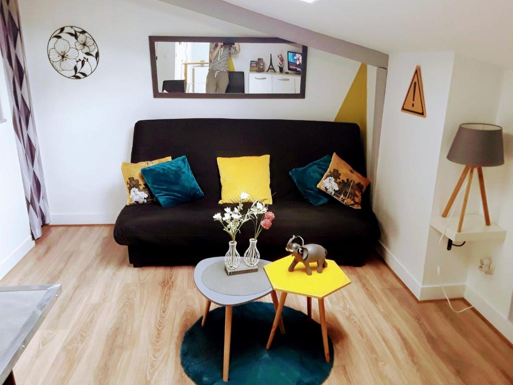 uma sala de estar com um sofá preto e uma mesa em studio de jack em Le Mesnil-Esnard