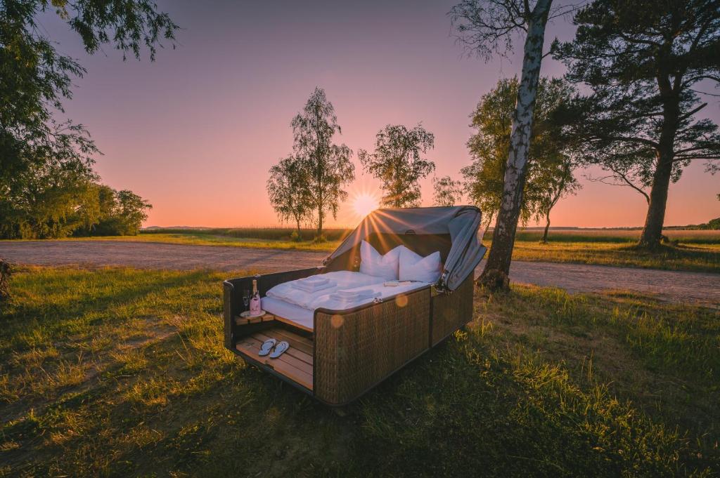 una cama en un campo con la puesta de sol en el fondo en Marina Martinshafen - Beach life en Sassnitz