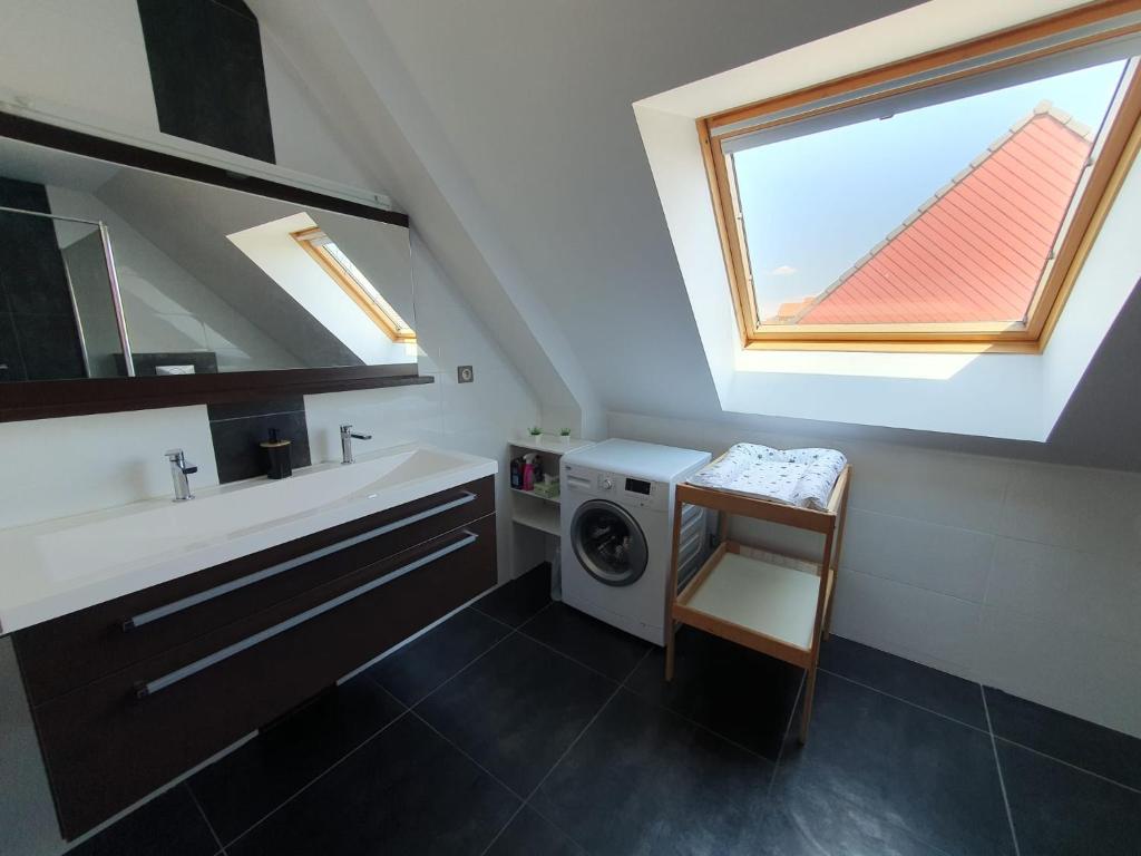 a bathroom with a sink and a washing machine at Le 6 : maison individuelle au cœur de l'Alsace in Turckheim