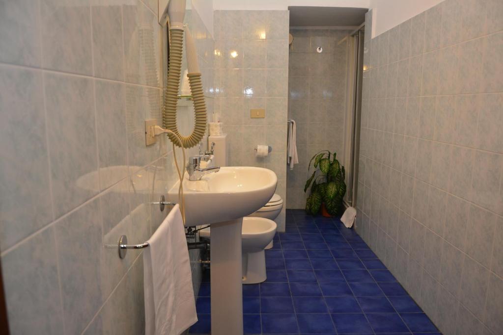 bagno con lavandino, servizi igienici e specchio di Family Hotel Balbi a Genova