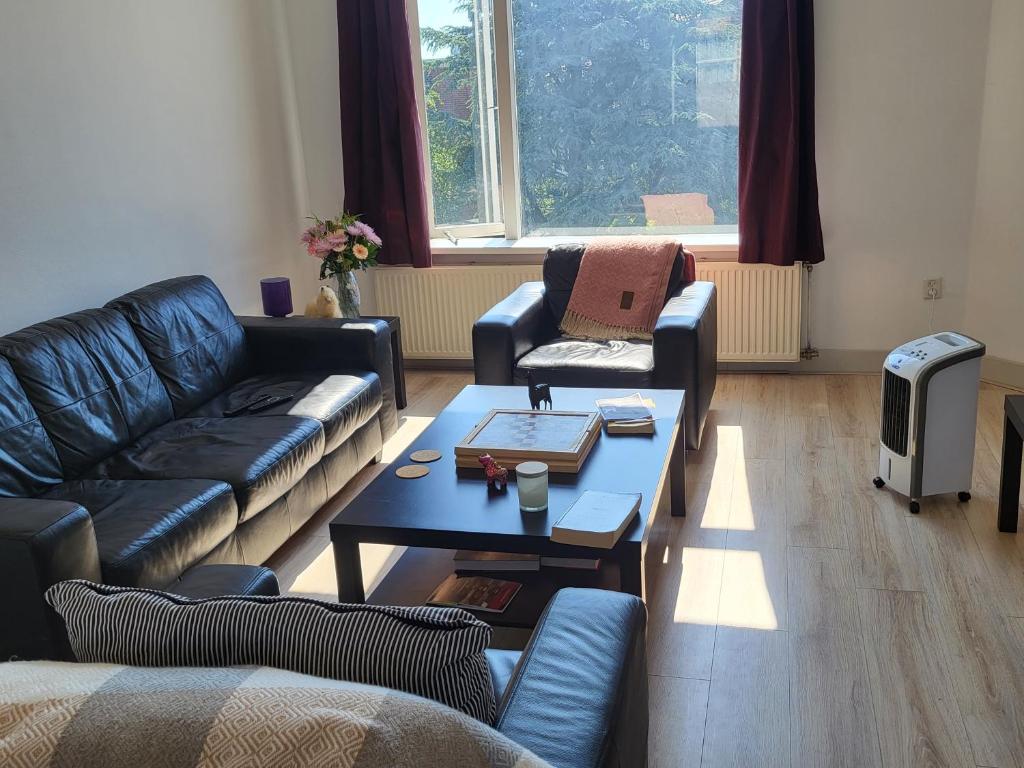 een woonkamer met banken en een salontafel bij Beautiful spacious appartment at top location The Hague in Den Haag